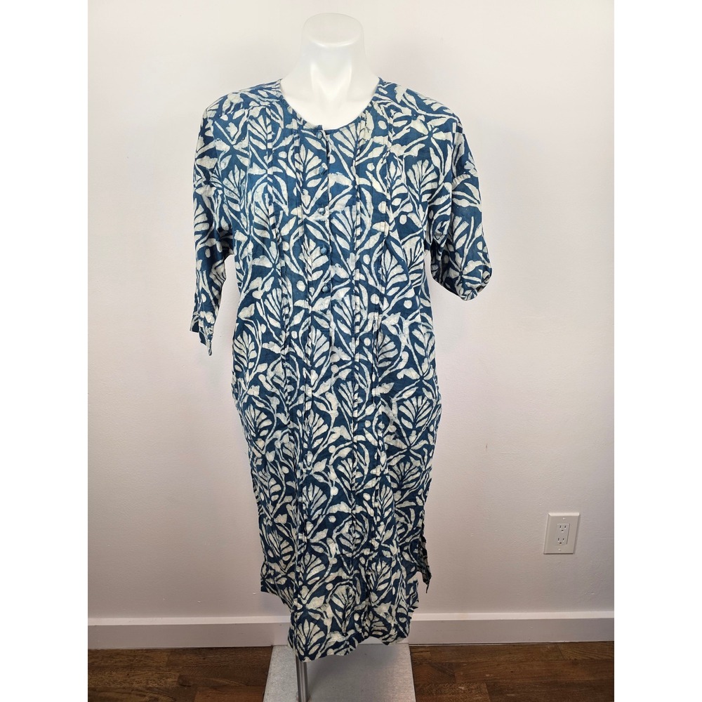 Anokhi Indigo‎ Blue Cotton Block Print Pintuck Tunic Dress S/M Made in India